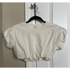 Seed‎ Heritage Cream Cropped T Shirt Size Bubble Hem Puff Sleeve Cotton